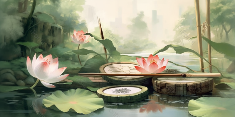 夏日池塘池水荷花盛开荷叶清新水缸植物自然插画,插画/手绘图,插画/手绘图库,插画/手绘图下载,插画/手绘
